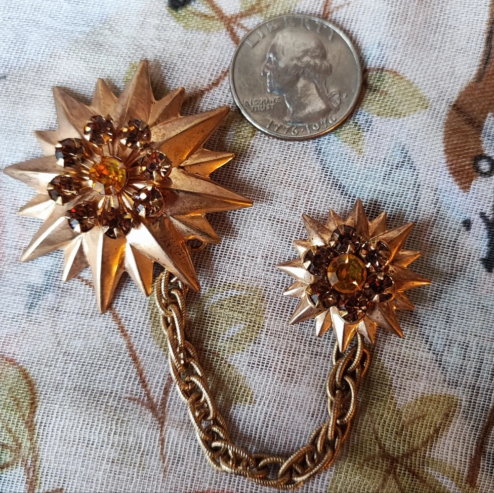 Unisex Vintage Dual Adornment Blazer Pin Brooch Gold Tone Topaz Stones Prong Set